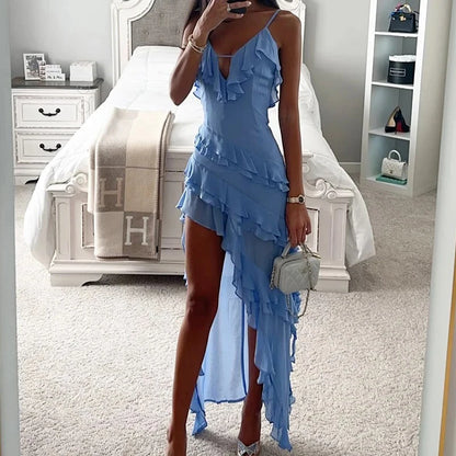 Holiday Maxi Midi Ruffles Beach Dress 2023 New Fashion Solid Color A-line Midi Dress Summer Sexy Strap Irregular Dress