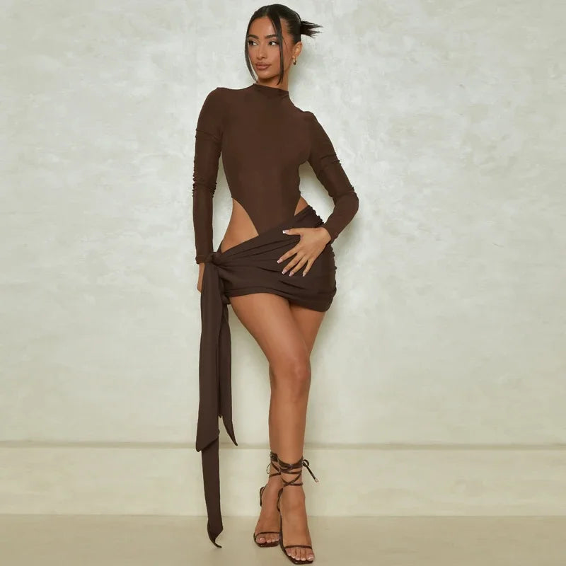 Long Sleeve Body Top And Mini Skirt Sets Women 2 Piece Outfit Autumn Sexy Nightclub Outfit Co ord Sets For Women