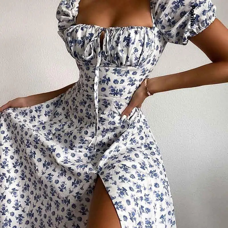 Sexy Floral Print Maxi Dress Women Elegant Square Neck Puff Sleeve High Split Long Dress Summer Casual Outfit Party Chic Vestido