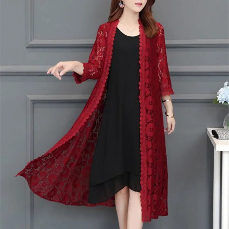 Women Lace Cardigan Mid-length Summer Mesh Shawl Loose Over-the-knee Sun Protection Clothing Women Jacket Shirt Outerwear - Sri sampi