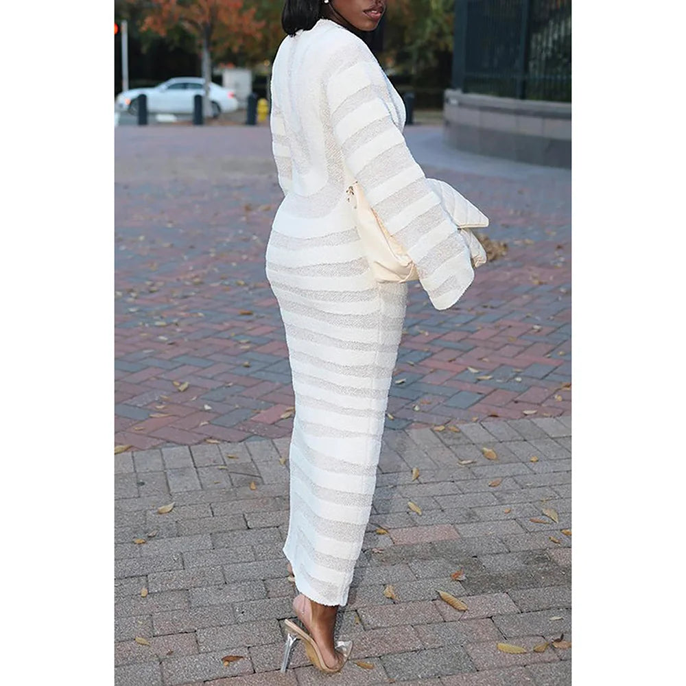 Plus Size Semi Formal Dress White Crew Neck Long Sleeve Maxi Dress