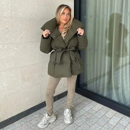 Fandy Lokar Parka con colletto alla coreana invernale da donna cappotti corti con cravatta in vita da donna eleganti nuovi piumini solidi da donna