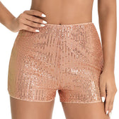 WPNAKS Women Sequins Shorts Summer Clothes Mid Waist Elastic Band Sparkly Glitter Hot Straight Leg Shorts Sexy Club Streetwear