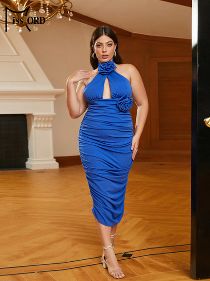 Missord Blue Midi Plus Size Dress Elegant Women Halter Sleeveless Cutout Appliques Bodycon Large Size Party Prom Dresses