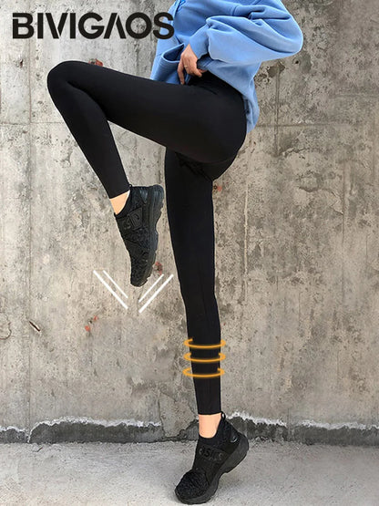 BIVIGAOS New Women Sharkskin Black Leggings Thin Workout Stretch Sexy Fitness Leggings Skinny Legs Slimming Sport Leggings