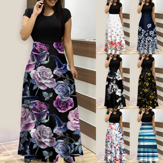 New Fashion Summer Dresses Women 2023 Casual Printed Round Neck Short Sleeve Long Dress Vestido Feminino Free Shipping платье