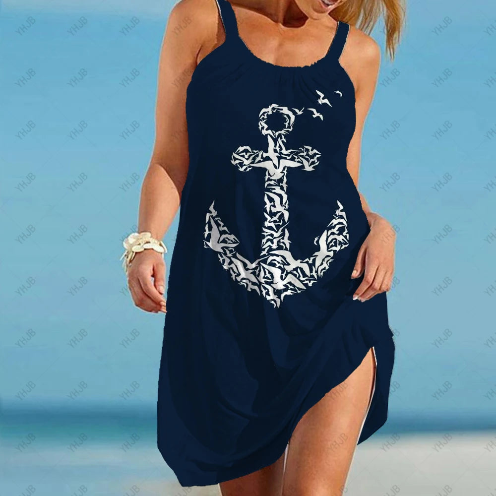 2023 Summer Women's Dress Short Beach Sea Anchor 3D Printed Party Mini Pirate Anchor Sling Dress Sleeveless Sexy Beach Dress