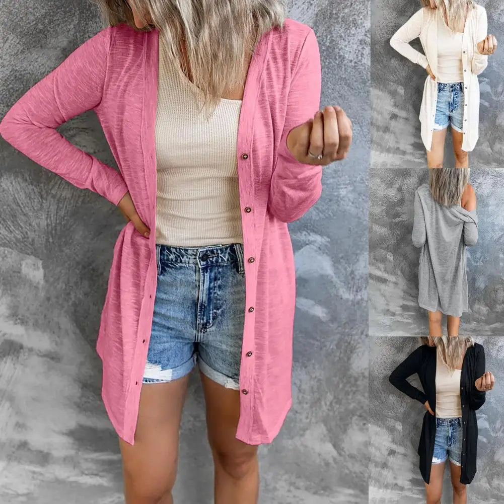 Stylish Solid Color Loose Women Cardigan Trendy Lady Cardigan Loose Long Sleeve Button Cardigan for Working