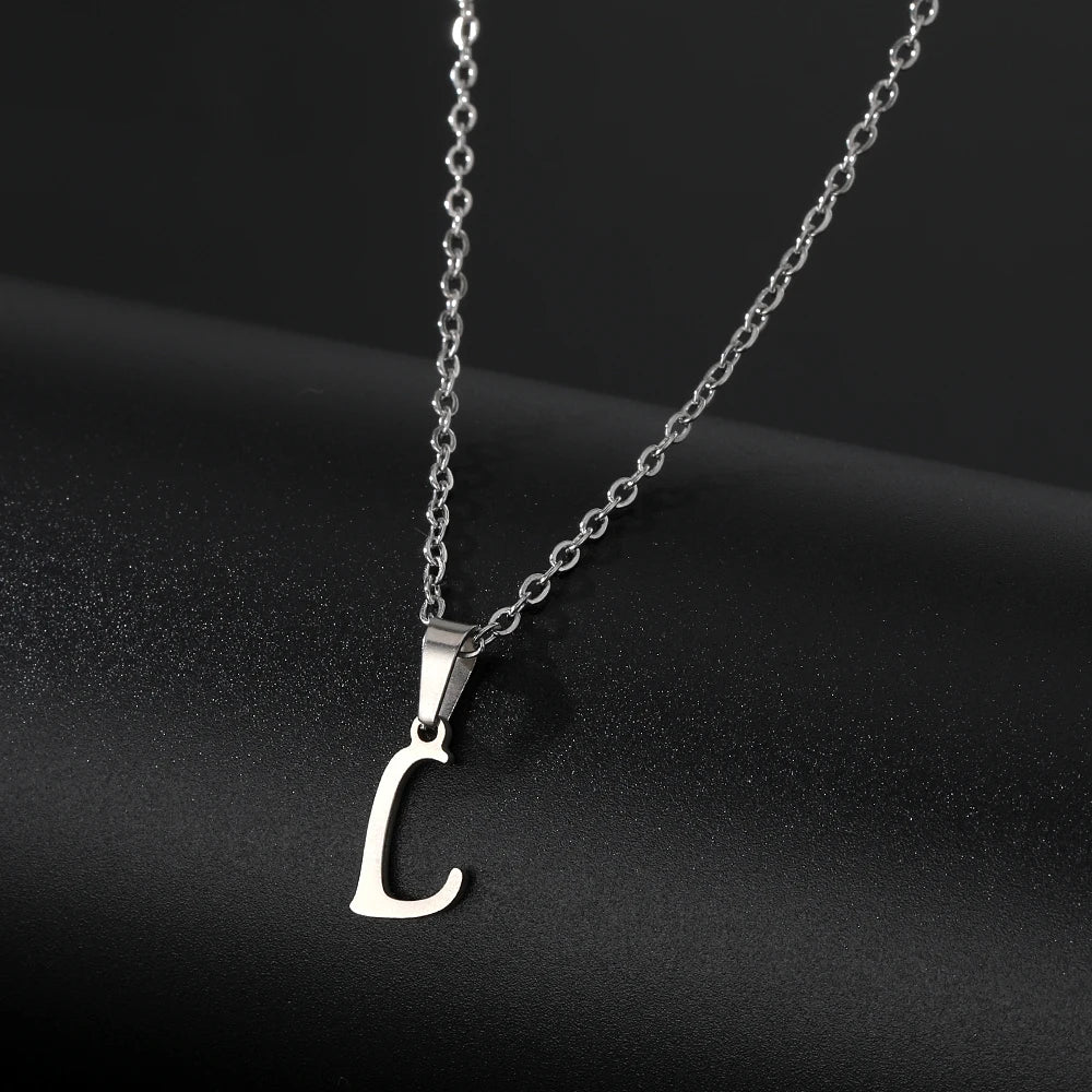 Stainless Steel English Alphabet 26 A-Z Letter Necklace Pendant Women Men Capital Initial Name Necklace Birthday Gift