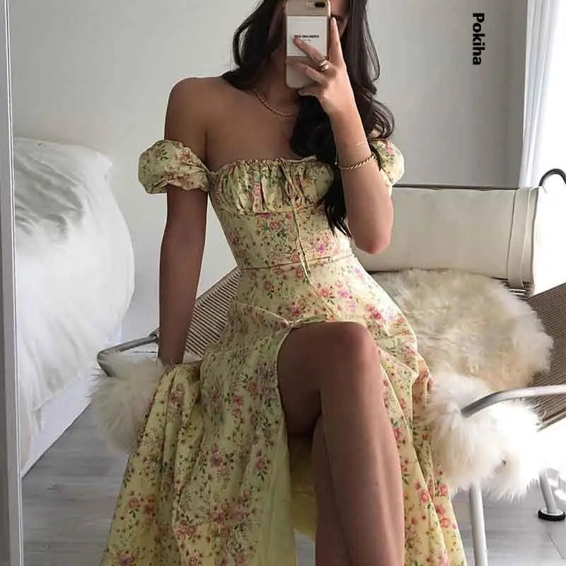 Sexy Floral Print Maxi Dress Women Elegant Square Neck Puff Sleeve High Split Long Dress Summer Casual Outfit Party Chic Vestido