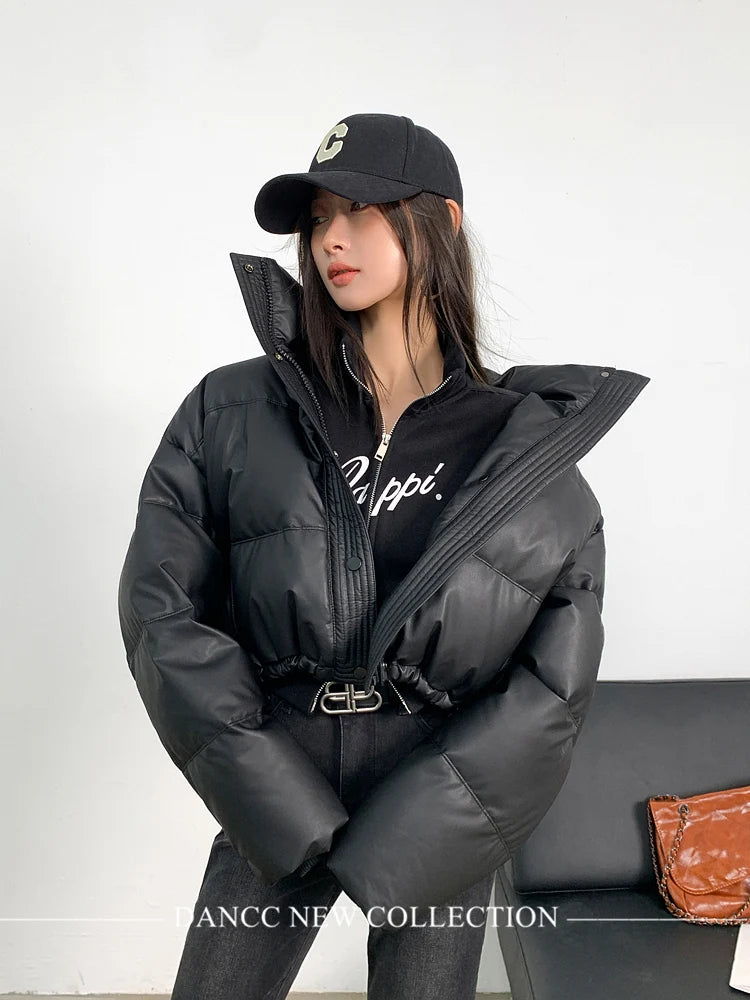 Jmprs American Biker Women Pu Puffy Coat Winter Retro Cropped Parkas Casual Thick Warm Lady Long Sleeve Loose Cotton Down Coats