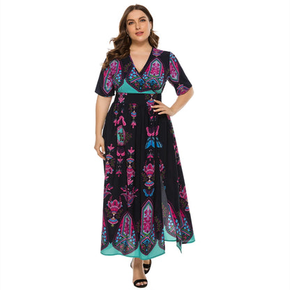 2021 Hot Sale European And American Style V-Neck Plus Size  Printed Bohemia Summer Dresses For Women