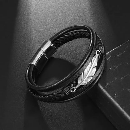 Classic multi-layered leather feather metal buckle bracelet men\\'s business casual party jewelry gifts wholesale