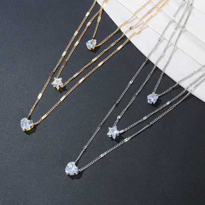 VKME Crystal Zircon Heart Star Charm Layered Pendant Necklace for Women Charms Fashion Rhinestone Female Vintage Fashion Jewelry