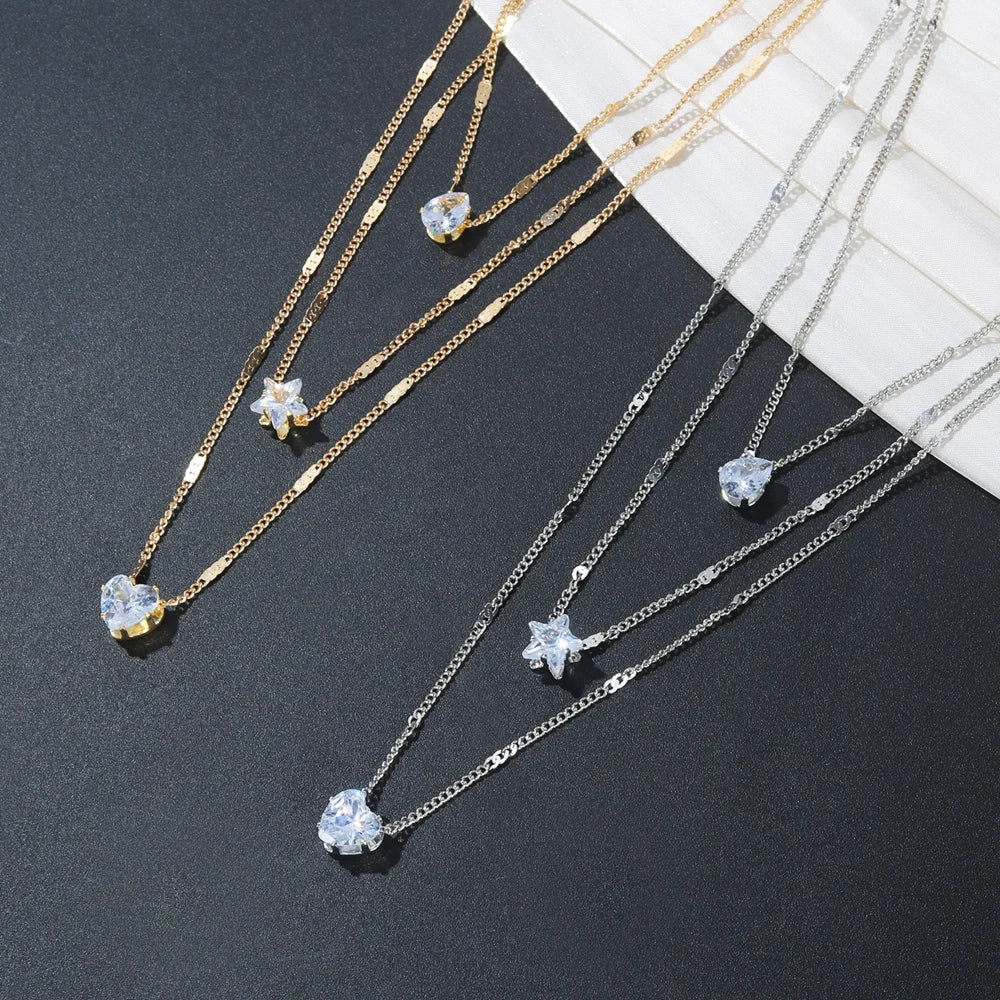 VKME Crystal Zircon Heart Star Charm Layered Pendant Necklace for Women Charms Fashion Rhinestone Female Vintage Fashion Jewelry