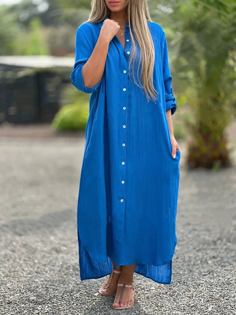 Elegant Women's Blue Cotton And Linen Collar Button Up Shirt Long Dress Women's Fashionable Casual Long Sleeved Cardigan Dresses