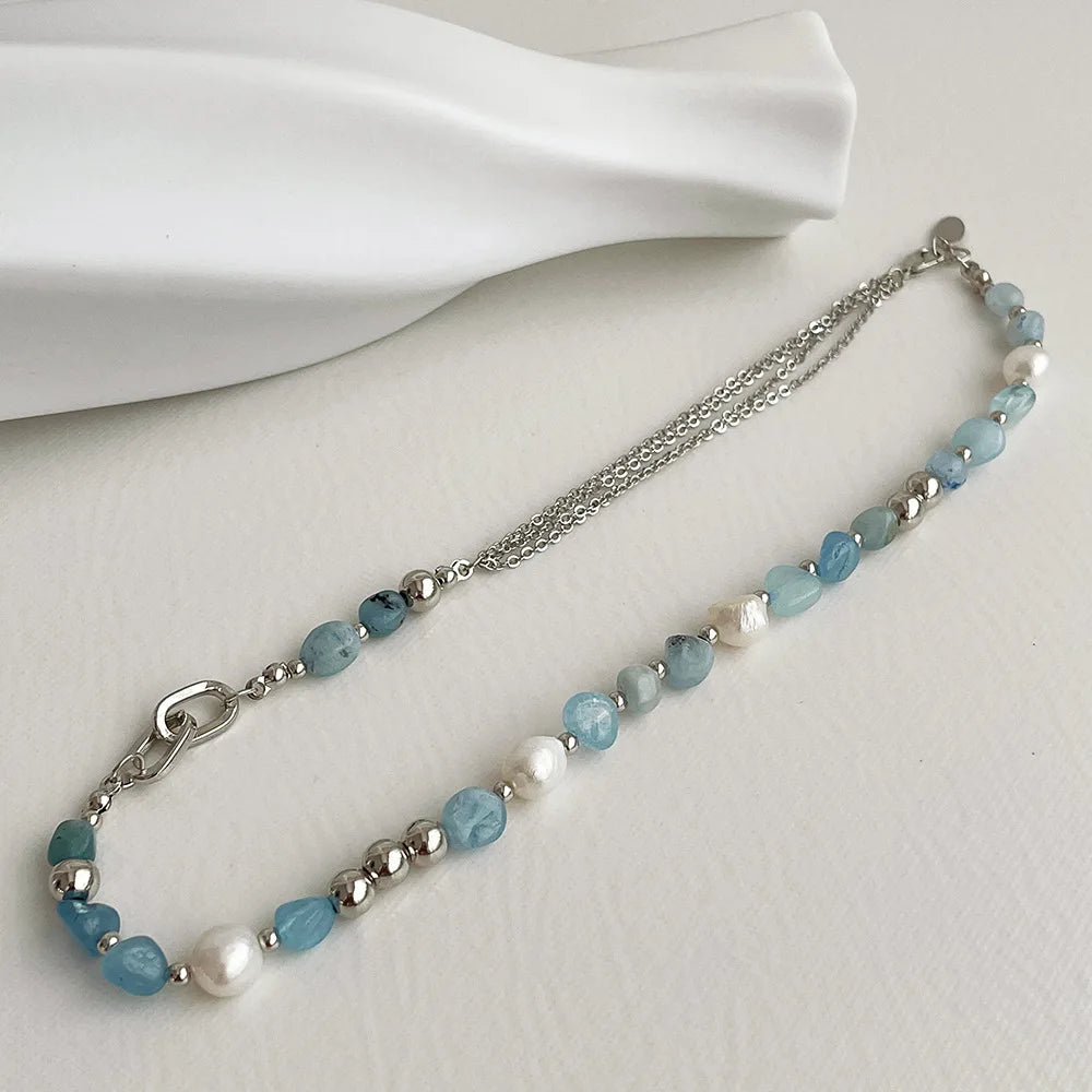 Trendy Blue Natural Stone Necklace for Women Summer Charm Irregularity Freshwater Pearl Choker Necklace Girls Jewelry Gift