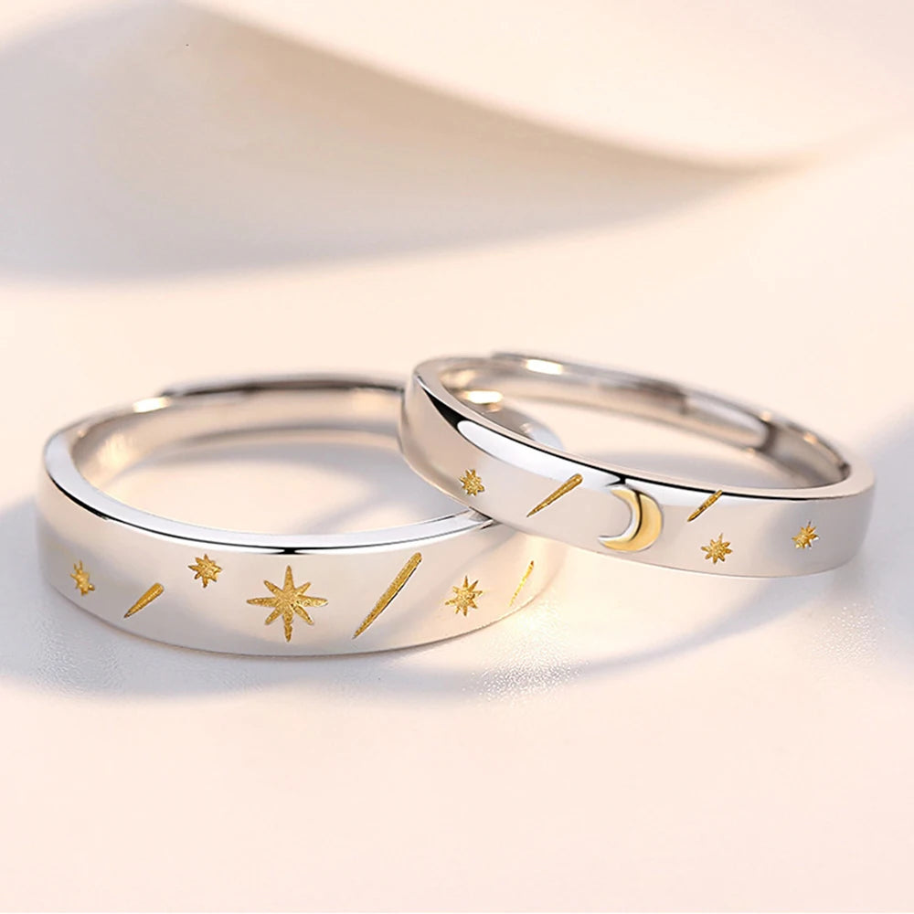 2 piezas anillo de pareja con sol, luna y estrella