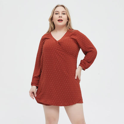 Plus Size 2024 New Fashion Swiss Dot Solid Dress Casual Poliestere Con scollo a V Abito a maniche lunghe Abbigliamento taglie forti da donna L055