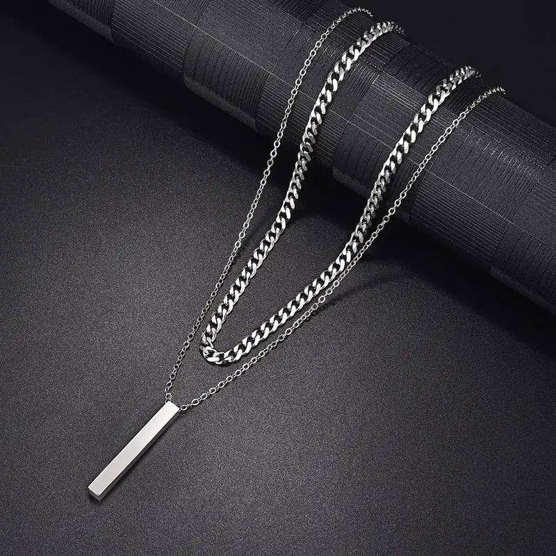 3D Vertical Bar Necklaces for Men Two Layer Stainless Steel Geometric Pendant Snake Chain Cuban Chain Fashion Necklace