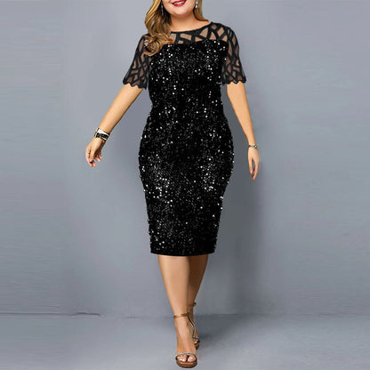 Big Size Clothing 2023 Summer Loose Short Sleeve Woman Dress Elegant Personalized Sequin Design Plus Size Dress Party Vestidos