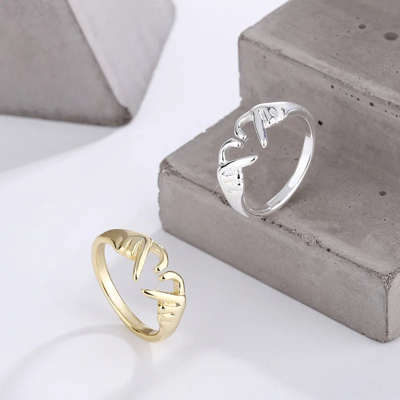 Romantic Heart Hand Hug Fashion Ring for Women Couple Jewelry Silver Color Punk Gesture Wedding Men Finger Accessories Gifts