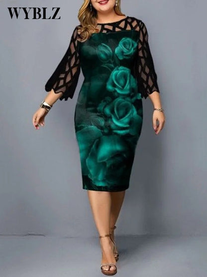 Plus Size Dresses for Women 4xl 5xl Elegant Green Geometric Print Party Dress Woman Layered Sleeve Evening Club Midi Dresses