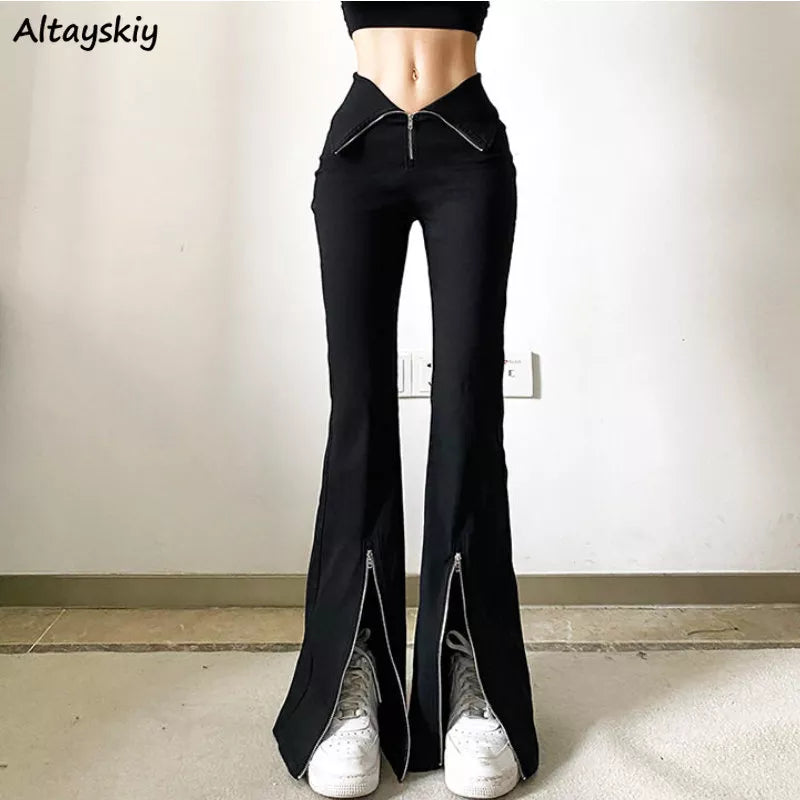 Black Flare Pants Women Zipper Skinny Y2k Streetwear Punk Casual Fashion