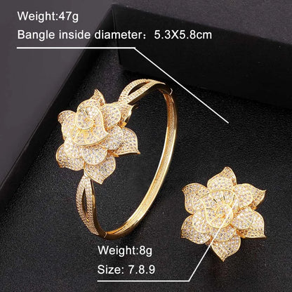 Zlxgirl women 2PC African flower Bangle Ring Set Dubai Bridal Jewelry For Women's Wedding Cubic Zircon aretes de mujer bracelet