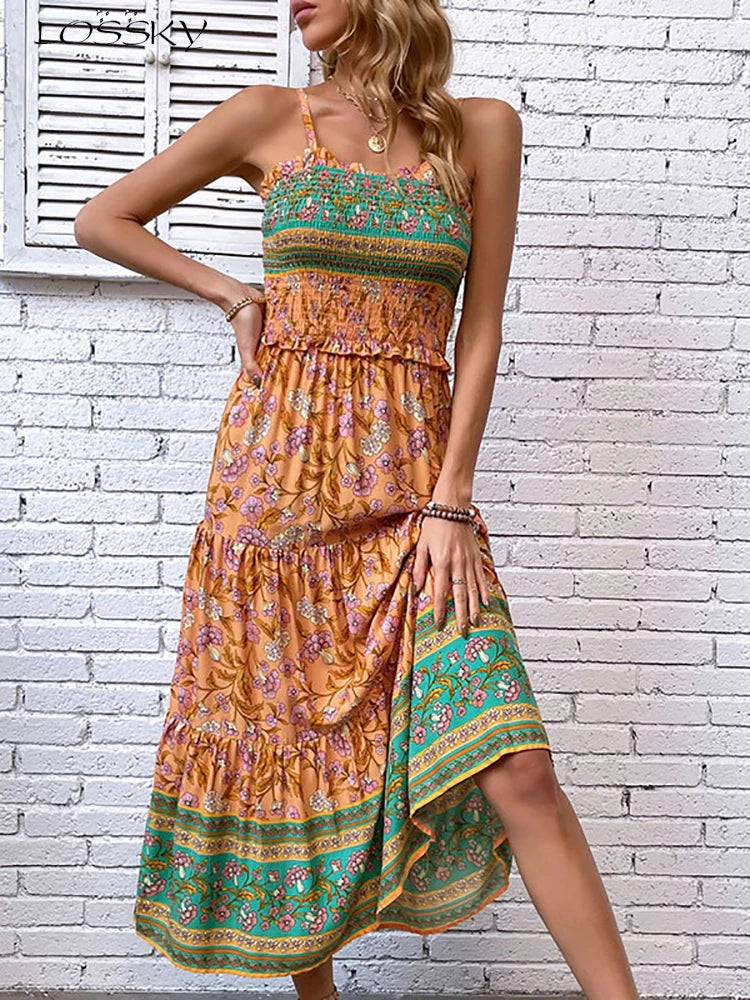 Sexy Long Dresses For Women Fashion Backless Ruffle Boho Beach Slip Dress Summer Floral New In Dresses Women Clothing 2024