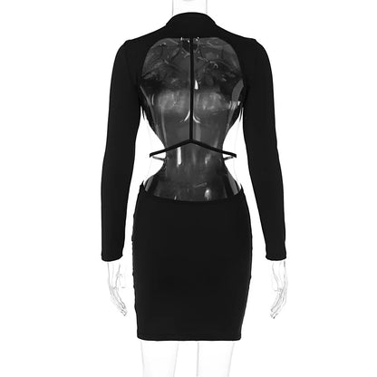 Cryptographic Sexy Backless Bandage Mini Dress Elegant Outfits for Women Party Club Long Sleeve Bodycon Dresses In Black Vestido