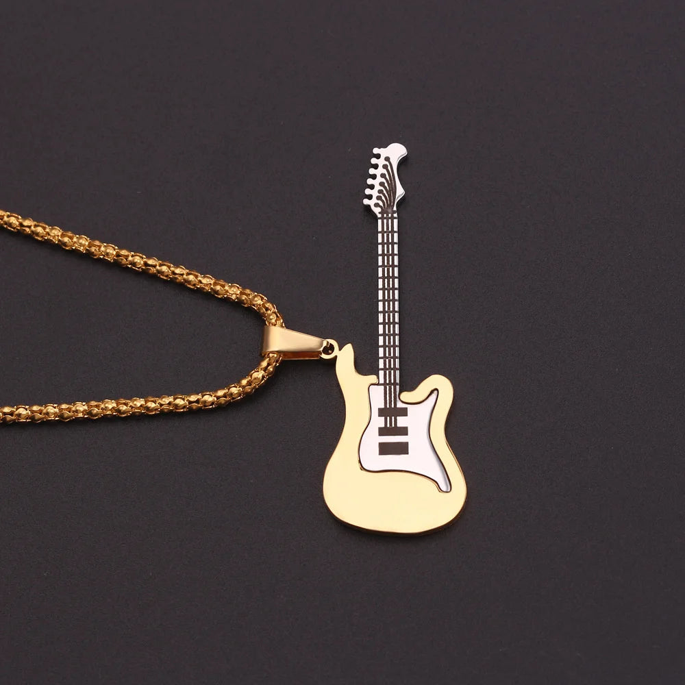 Creative Guitar Pendant Necklace Punk Clavicle Chain for Women Men Fashion Metal Sweater Chain Jewelry Accessories Gift