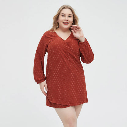 Plus Size 2024 New Fashion Swiss Dot Solid Dress Casual Polyester V Neck Long Sleeve Dress Women's Plus Size Clothing L055