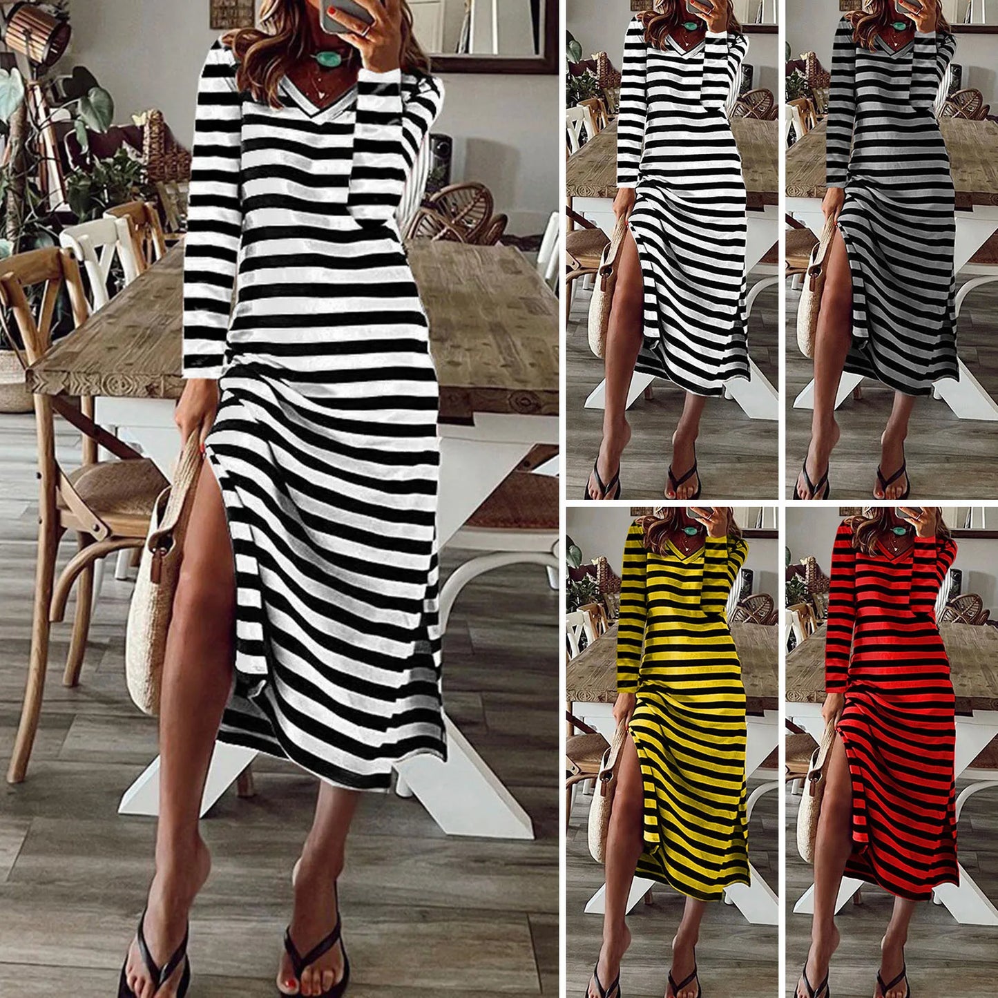 Abiti estivi 2023 Donna Abiti taglie forti per le donne Casual Stripe Stampa Scollo a V Manica corta Abito lungo allentato Robe Femme