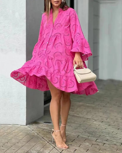 Solid Color Lace Up Buttons Mini Dress V-neck Flare Sleeve Hollow Out Dresses Loose Fit 2023 Summer Women Clothing Vestidos