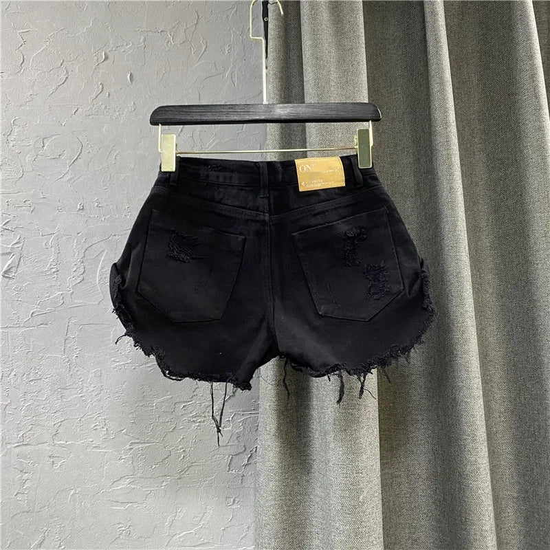 Black Denim Shorts Women's Torn Holes Rough Edges Jeans Shorts 2023 New Summer Korean Low-rise A-shaped Hot Pants