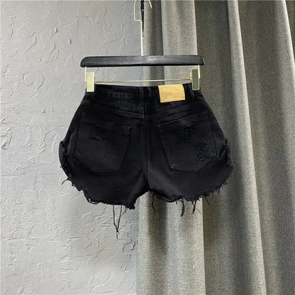 Black Denim Shorts Women's Torn Holes Rough Edges Jeans Shorts 2023 New Summer Korean Low-rise A-shaped Hot Pants