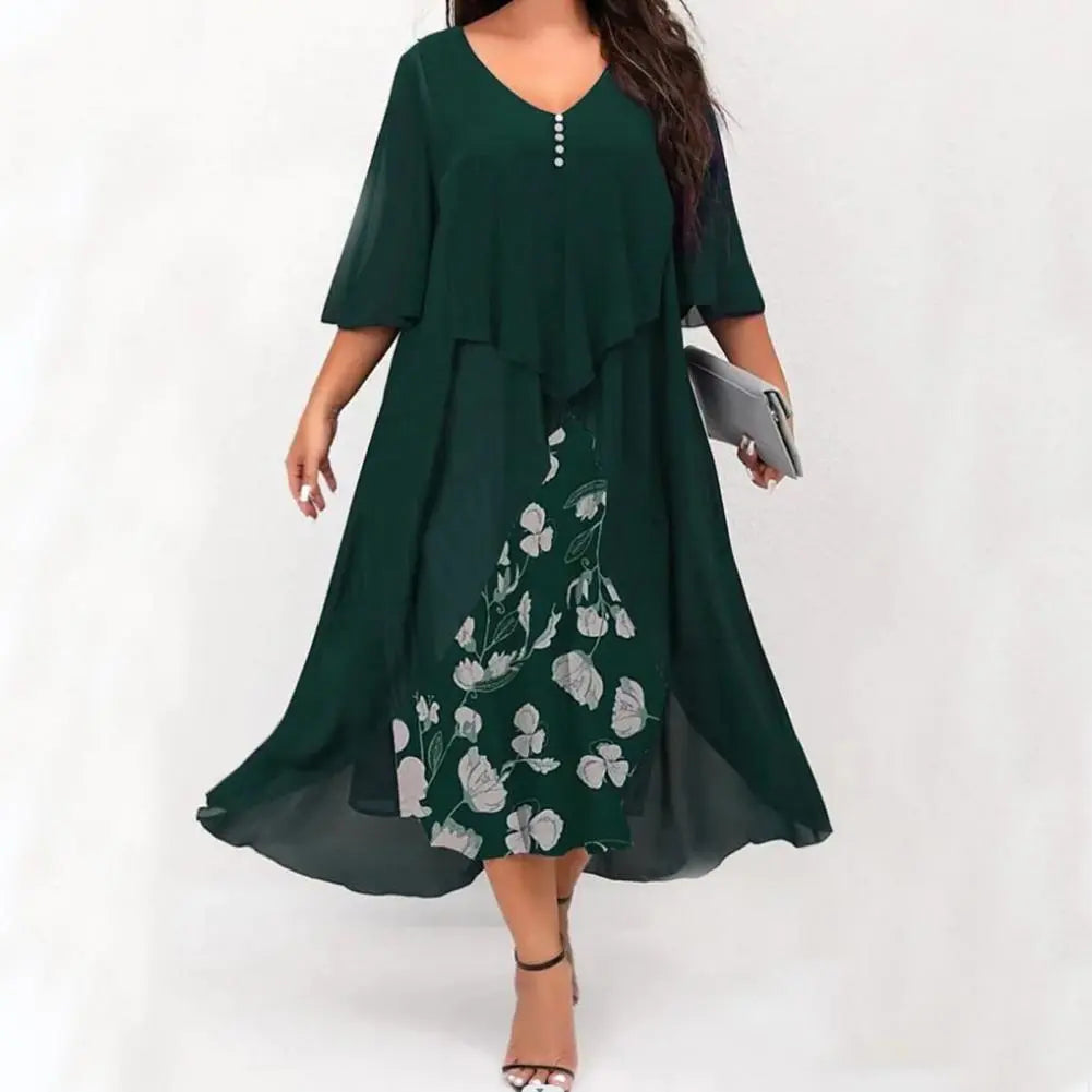 Stylish Women Dress Loose Waist Button Decor Floral Pattern Female Long Dress  Plus Size Maxi Dress for Work