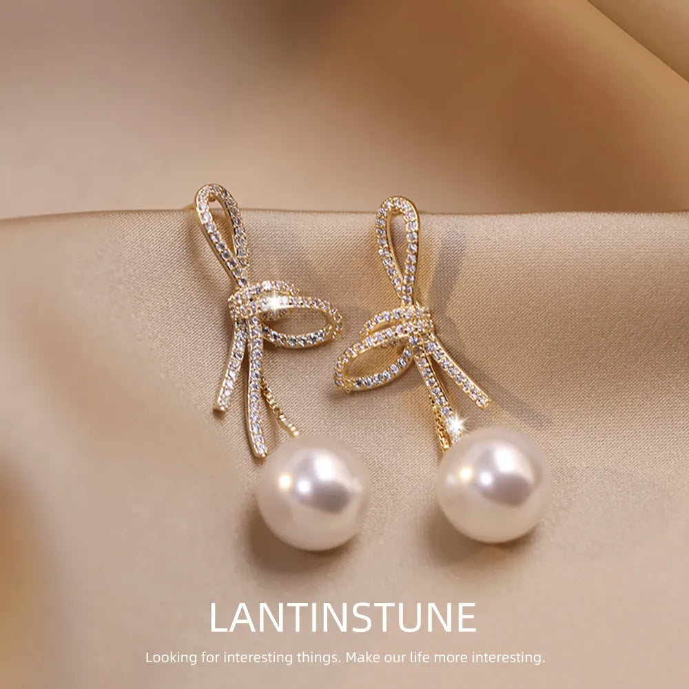 Elegant Micro Zircon Setting Bowknot Pearl Dangle Earring For Women Exquisite Advanced Design Young Girl Gold Color Jewelry N539