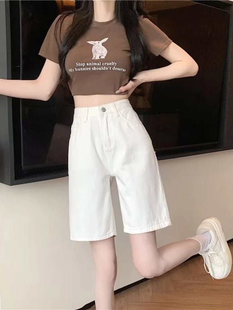 High Waist Shorts Women Summer Knee Length Pockets Casual Solid Simple Korean Style Streetwear School Trousers All-match Fashion