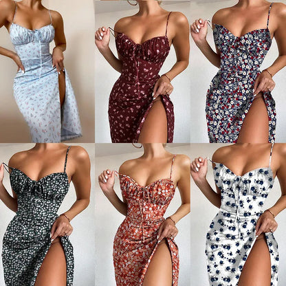 Flower Printed Spaghetti Strap Dresses For Women Sexy Low Cut Beach Party Slim Slit Dress Chic Bodycon Lady Sleeveless Vestidos