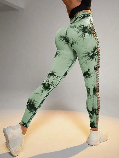 Women Tie Dye Hollow Out Leggings Sports Yoga Pants Fitness Sportswear