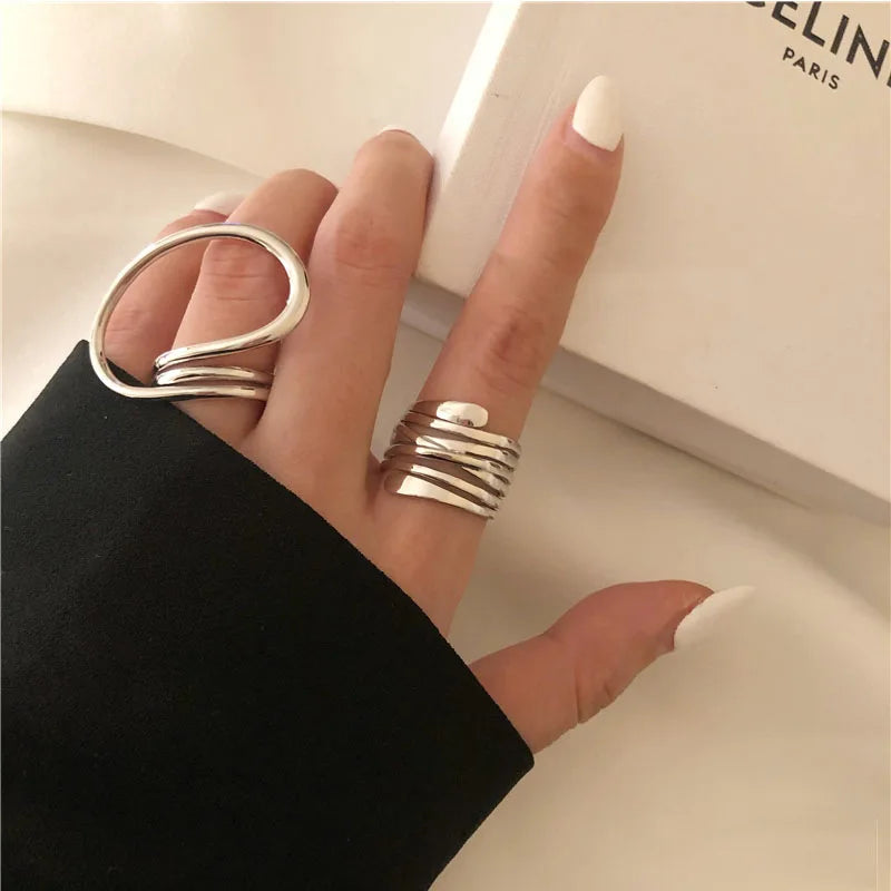 New Exaggerated Distorted Lines Gold Silver Color Geometric Rings Set Fashion Women Girl Party Minimalist Jewelry