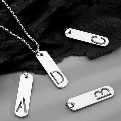 Rinhoo Cool Men's Jewelry Stainless Steel Initial Name Bar Necklace for Men Thick Geometric Bar Pendant with A-Z Letters Choker