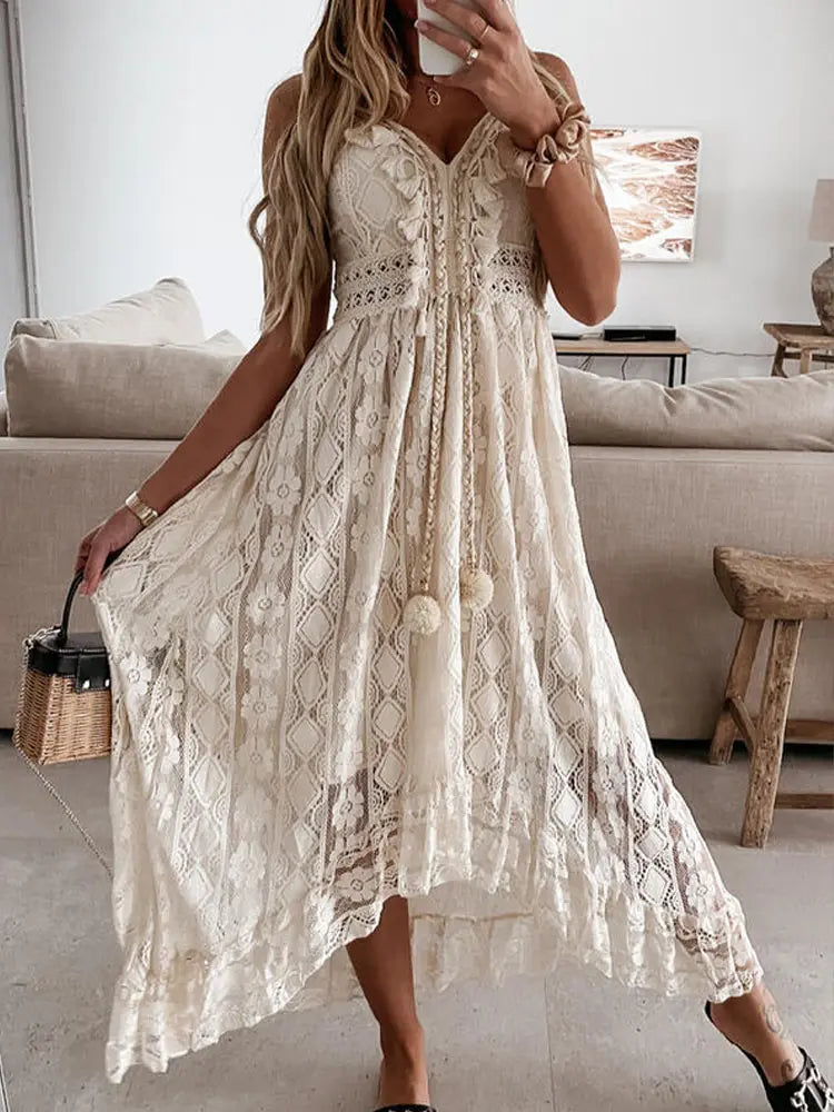 Boho Dress Women Summer Maxi Dress Lady Off Shoulder Holiday Lace V Neck Spaghetti Strap Sundress White Dress Vestidos De Mujer