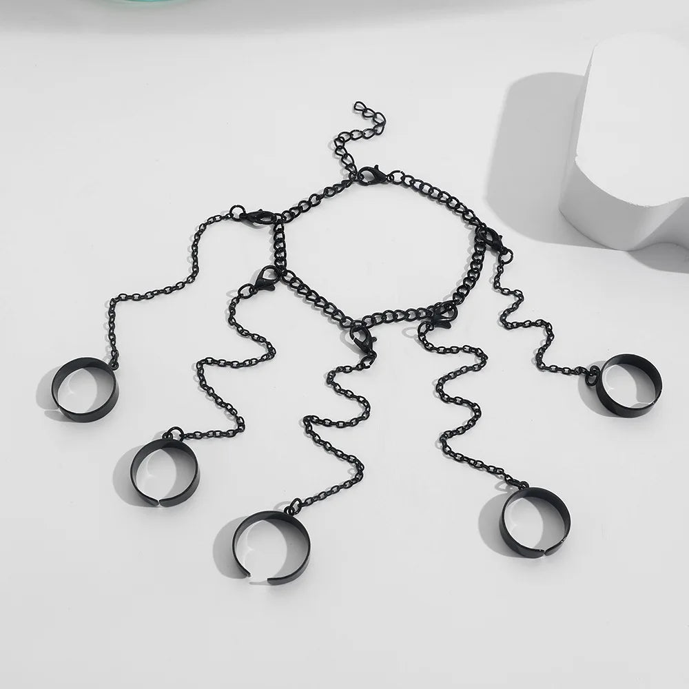 Punk Style Black Color Chain Wrist Rings for Women Men Charm Hip Hop Geometric Chain Open Rings Set Couple 2023 Trend Jewelry