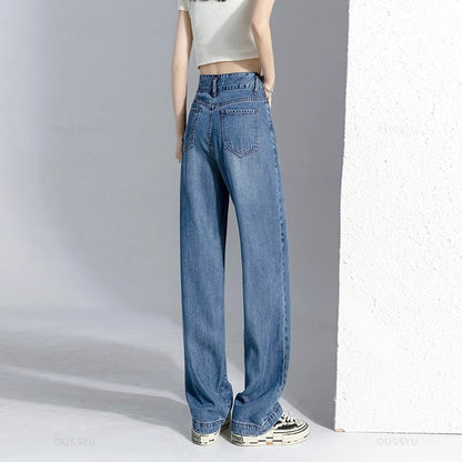 Summer Lyocell Thin Women's Wide-Leg Jeans High Waist Slimming Design High Street Mopping Trousers Loose Straight Pants Fashion