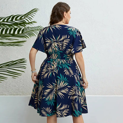 Sexy V-neck Plus Size Dress Elegant Leaf Print Maxi Dress for Women Comfortable V-neck Summer Dress with Elastic for Outdoor