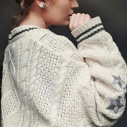 Autumn Y2k Star Embroidered Handmade Knitted Folklore Cardigan Women Winter Cotton Beige Loose Fit Long Holiday Cardigan Women