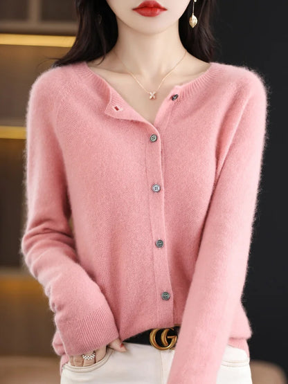 New Fashion Spring 100% Pure Merino Wool Womens O-neck Cardigan Cashmere Sweater 2024 Female Clothing Grace Knitwear Korean Tops